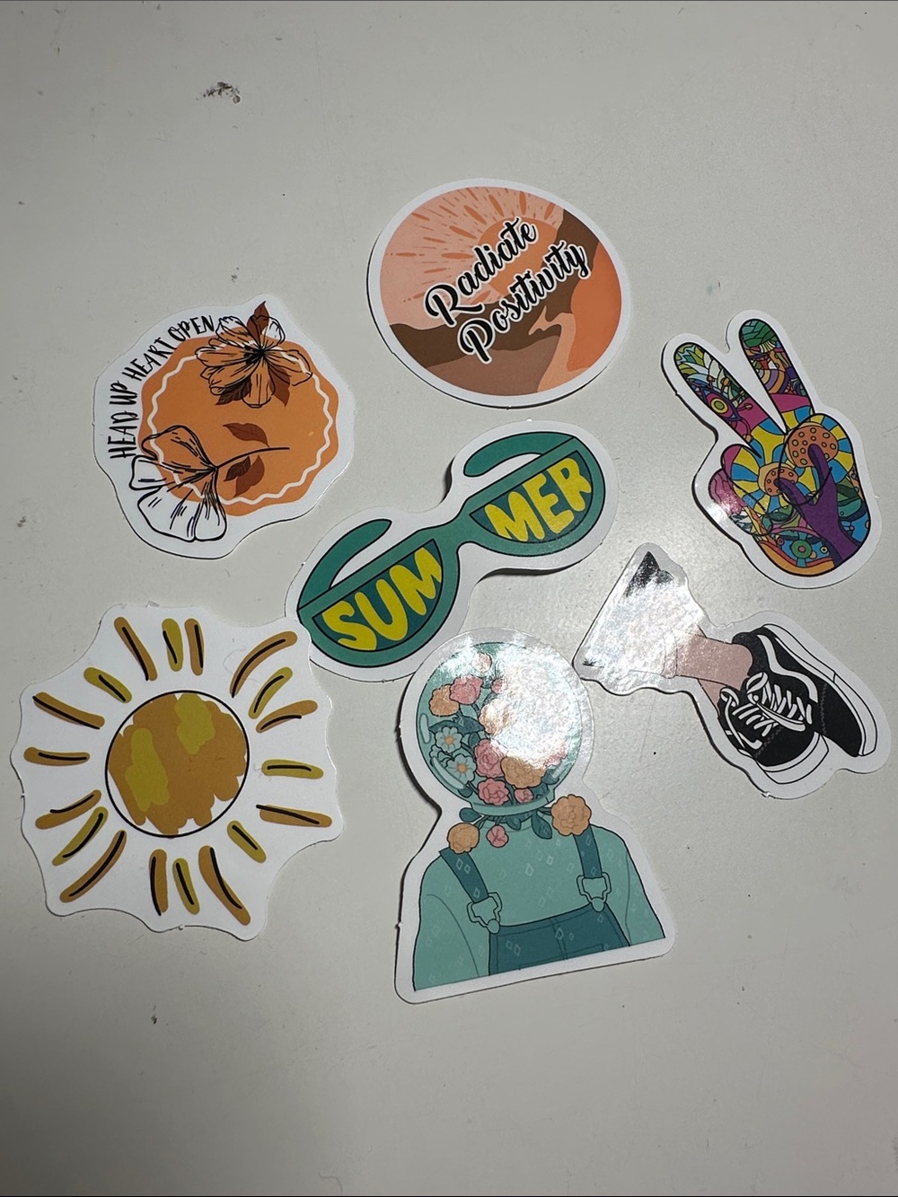 Assorted Summer Stickers - Colorful Sun, Peace, Floral Helmet, Sunglasses